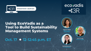 The image is a promotional graphic for a webinar hosted by 3R Sustainability and EcoVadis. The title of the webinar is "Using EcoVadis as a Tool to Build Sustainability Management Systems." The event is scheduled for October 17 from 12:00 to 12:45 p.m. ET. At the top left of the image, there is a logo for the 3R Webinar Series, with an icon of a laptop next to the text. On the top right, the EcoVadis and 3R Sustainability logos are shown. Below the title, the time and date of the event are listed in white and blue text. The bottom half of the graphic features headshots of three speakers, each in circular frames. From left to right, they are: Maryum Bates from Ring Container Technologies Josh Knupp from 3R Sustainability Rachel Bukowitz from 3R Sustainability