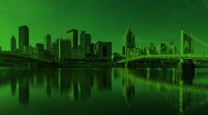 Pittsburgh skyline dark green overlay